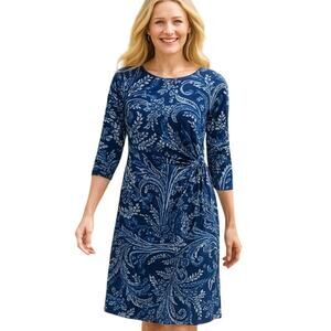 J. McLaughlin Women's Blue Paisley Midi Dress with Boat Neck and 3/4 Sleeves XS